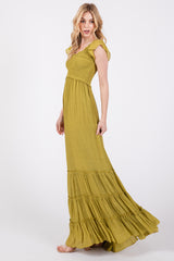 Lime Smocked Crossover Off Shoulder Maxi Dress