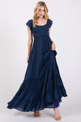 Navy Smocked Crossover Off Shoulder Maxi Dress