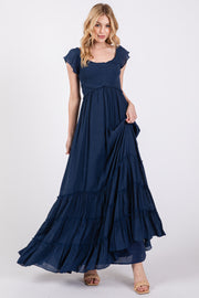 Navy Smocked Crossover Off Shoulder Maxi Dress