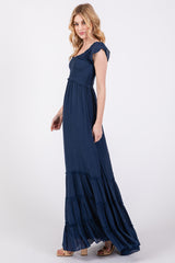 Navy Smocked Crossover Off Shoulder Maxi Dress