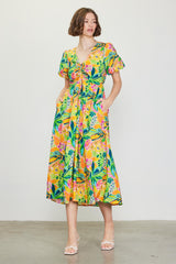 Lime Floral Puff Sleeve Maternity Midi Dress