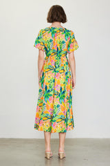 Lime Floral Puff Sleeve Midi Dress