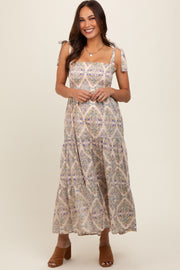 Beige Floral Square Neck Maternity Dress