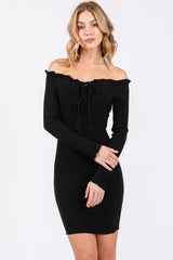 Black Ruffle Off Shoulder Maternity Fitted Mini Dress