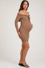 Brown Ruffle Off Shoulder Maternity Fitted Mini Dress