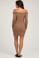 Brown Ruffle Off Shoulder Maternity Fitted Mini Dress