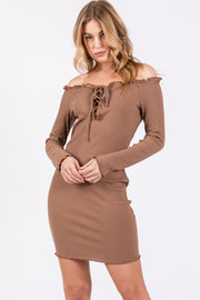 Brown Ruffle Off Shoulder Fitted Mini Dress