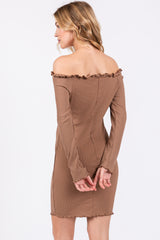 Brown Ruffle Off Shoulder Fitted Mini Dress