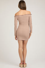 Taupe Ruffle Off Shoulder Maternity Fitted Mini Dress