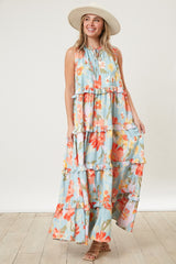 Light Blue Floral Sleeveless Ruffle Tiered Maternity Maxi Dress