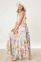 Light Blue Floral Sleeveless Ruffle Tiered Maxi Dress