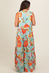 Light Blue Floral Sleeveless Ruffle Tiered Maternity Maxi Dress