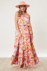 Orange Abstract Ruffle Tiered Maternity Maxi Dress