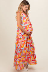 Orange Abstract Ruffle Tiered Maternity Maxi Dress