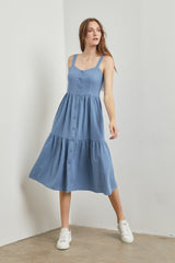 Blue Sweetheart Neck Button Front Tiered Midi Dress