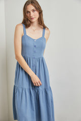 Blue Sweetheart Neck Button Front Tiered Midi Dress