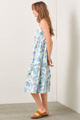 Blue Floral Sweetheart Neck Button Front Midi Dress