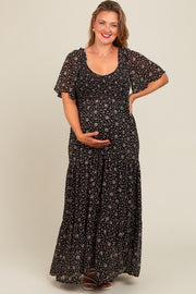 Black Floral Chiffon Smocked Maternity Plus Maxi Dress