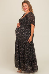 Black Floral Chiffon Smocked Maternity Plus Maxi Dress