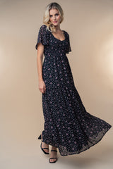 Black Floral Chiffon Smocked Maxi Dress