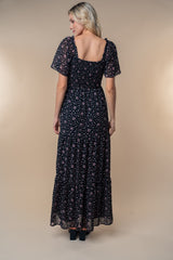 Black Floral Chiffon Smocked Maxi Dress