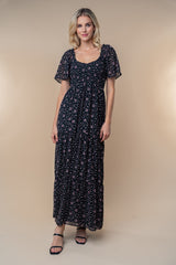 Black Floral Chiffon Smocked Maxi Dress