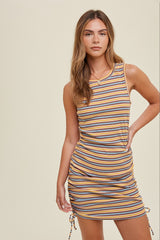 Yellow Multi-Color Striped Ribbed Sleeveless Ruched Maternity Dress