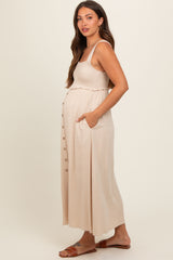 Beige Button Down Smocked Maternity Dress