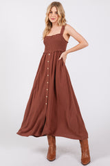 Brown Button Down Smocked Maternity Dress