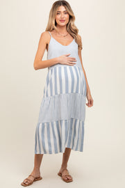 Blue Striped Side Pocket Maternity Midi Dress