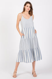 Blue Striped Side Pocket Midi Dress