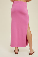 Pink Ribbed Knit Side Slit Midi Dress