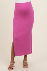 Pink Ribbed Knit Side Slit Maternity Midi Dress