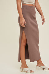 Mocha Ribbed Knit Side Slit Midi Dress