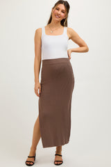 Mocha Ribbed Knit Side Slit Maternity Midi Dress