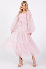 Pink Mesh Tiered Long Sleeve Maxi Dress