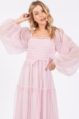 Pink Mesh Tiered Long Sleeve Maxi Dress