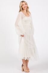 Cream Mesh Tiered Long Sleeve Maxi Dress