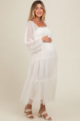 Cream Mesh Tiered Long Sleeve Maternity Maxi Dress