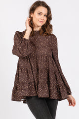 Brown Animal Print Mock Neck Tiered Maternity Top