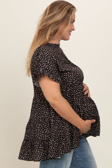 Black Animal Print Tiered Plus Maternity Top