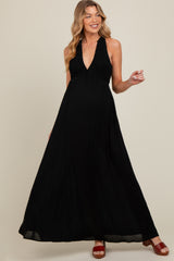 Black Deep V-Neck Cross Back Maternity Maxi Dress