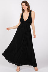 Black Deep V-Neck Cross Back Maternity Maxi Dress