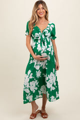 Green Floral Smocked Knotted Top Maternity Maxi Dress