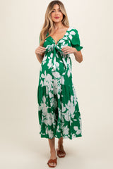 Green Floral Smocked Knotted Top Maternity Maxi Dress