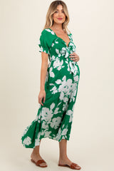 Green Floral Smocked Knotted Top Maternity Maxi Dress