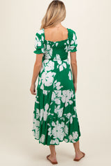 Green Floral Smocked Knotted Top Maternity Maxi Dress