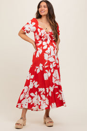 Red Floral Smocked Knotted Top Maternity Maxi Dress