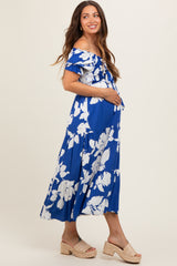 Royal Floral Smocked Knotted Top Maternity Maxi Dress