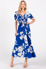 Royal Floral Smocked Knotted Top Maternity Maxi Dress